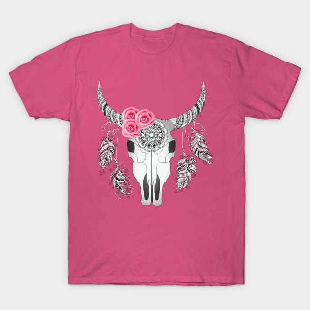 cow skull with roses T-Shirt by Alina